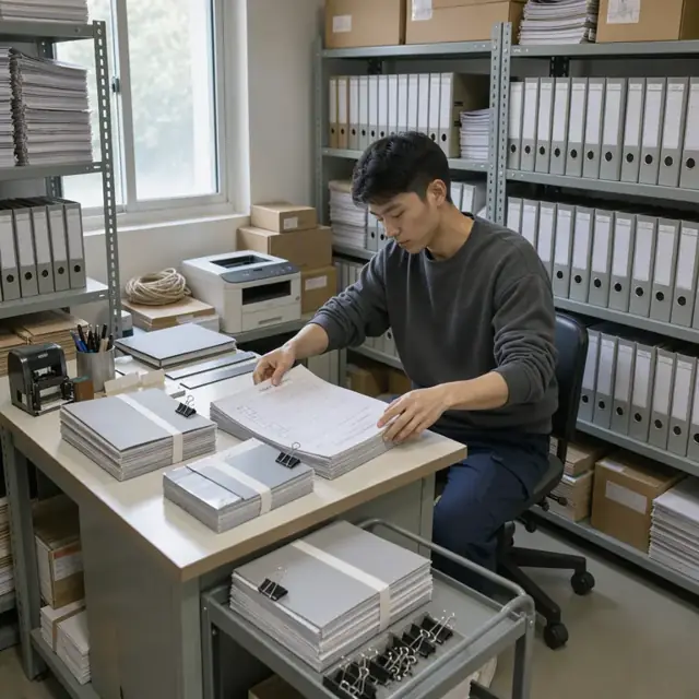 a worker at a desk organizing stacks of bound batch records and printed manifests inside a file room with metal shelving
