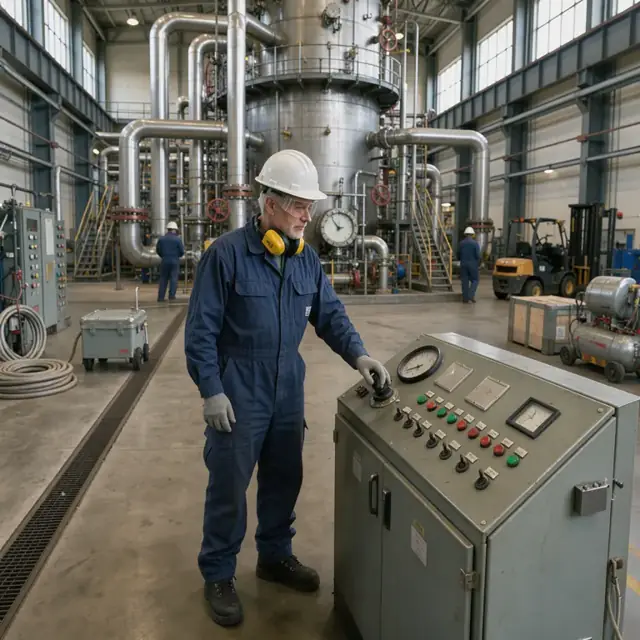 a worker in protective gear standing at a control panel of a large industrial reactor with pipes and valves visible