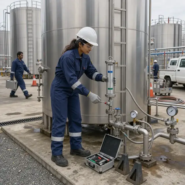 a technician in flame-resistant clothing checking levels on large stainless steel monomer storage tanks outdoors