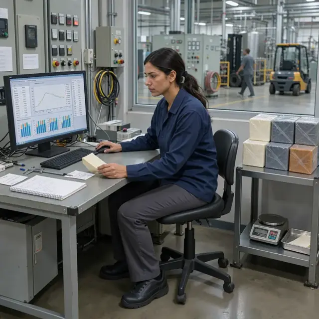a control room operator reviewing polymer specifications on a computer screen beside a rack of sample rubber bales