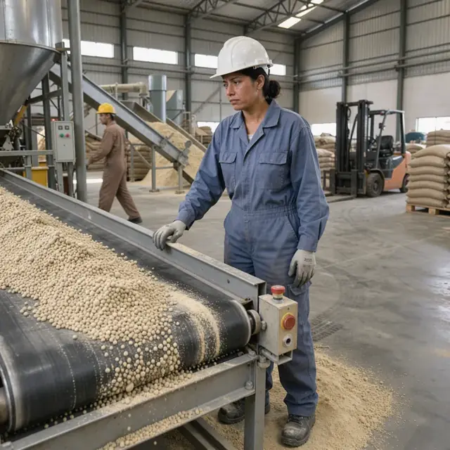 a worker in coveralls standing beside a large pile of granular fertilizer on a conveyor belt inside a manufacturing warehouse