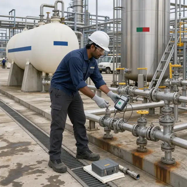 a technician checking levels on large outdoor storage tanks of liquid ammonia and nitric acid at an industrial chemical plant