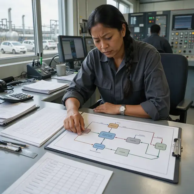 a control room desk with printed order specifications laid out beside a large process flow diagram of an ammonia synthesis loop