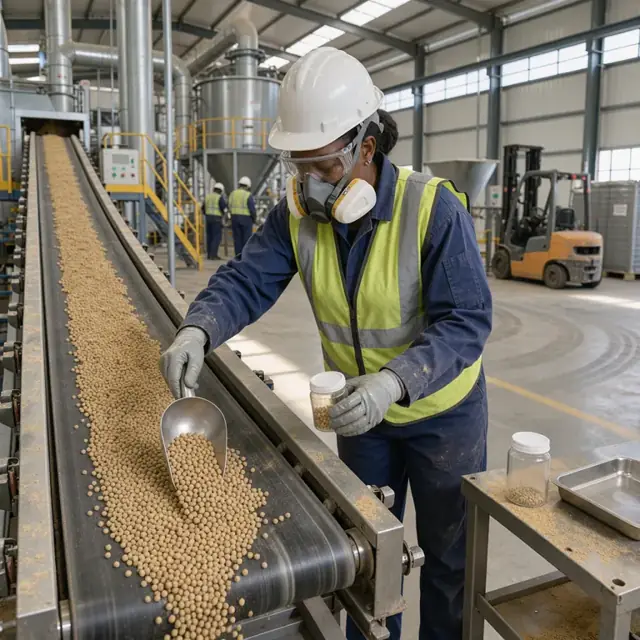 a worker in protective gear collecting a fertilizer sample from a conveyor belt for lab testing inside a granulation facility