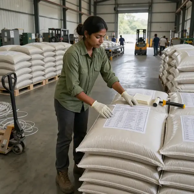 a worker applying printed labels showing guaranteed analysis onto stacked bags of finished fertilizer in a warehouse aisle
