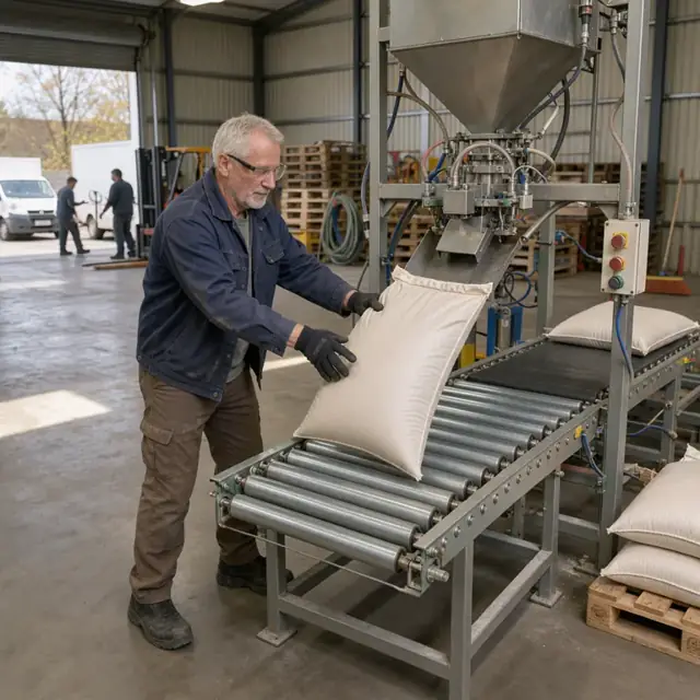 a worker guiding a sewn bag of blended fertilizer as it drops from an automated bagging machine onto a conveyor