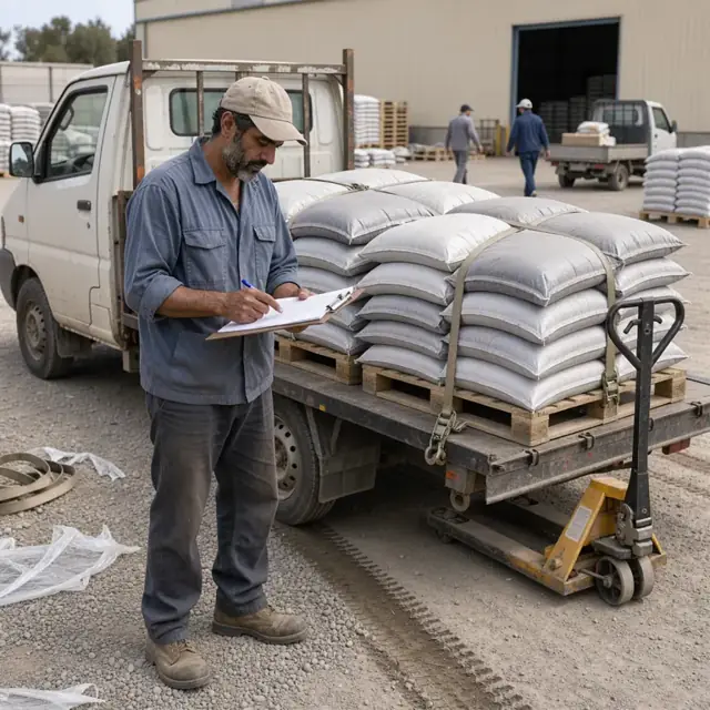 a worker standing beside a loaded flatbed truck checking paperwork on a clipboard next to stacked pallets of bagged fertilizer