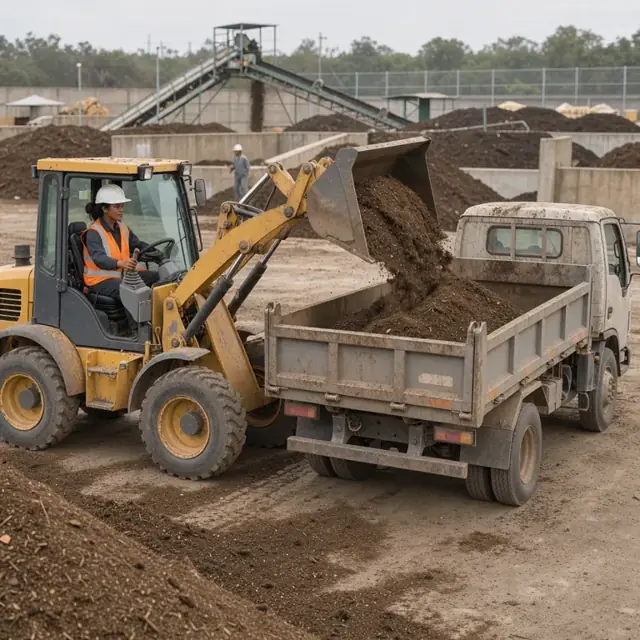 worker operating a front-end loader filling a dump truck with screened compost at an outdoor facility