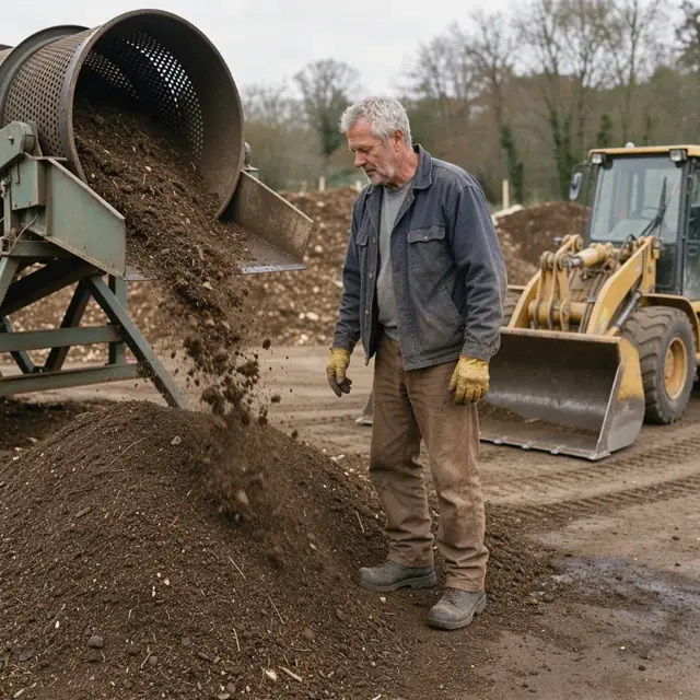 worker watching material fall from a trommel screen onto a pile of fine compost with a front-end loader nearby