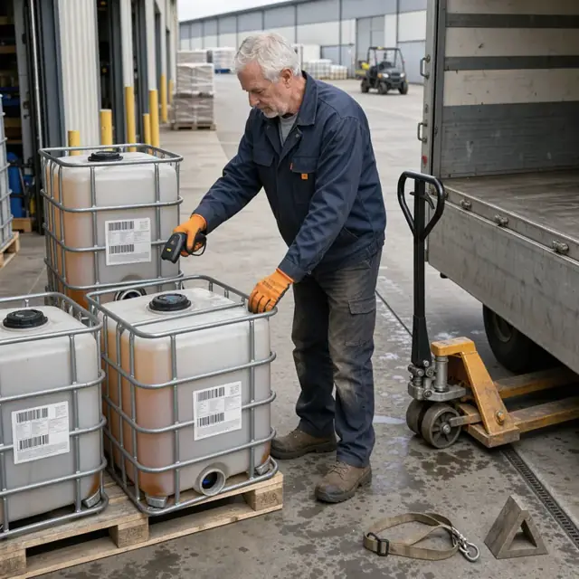 a worker scanning barcodes on stacked totes of liquid product before loading them onto a flatbed truck at a loading dock