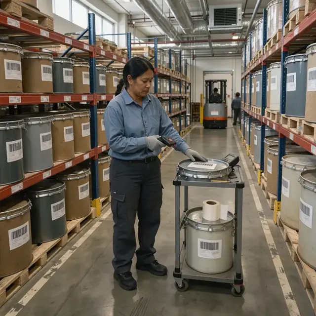 a worker scanning barcode labels on shelves of bulk botanical drums in a climate-controlled warehouse aisle