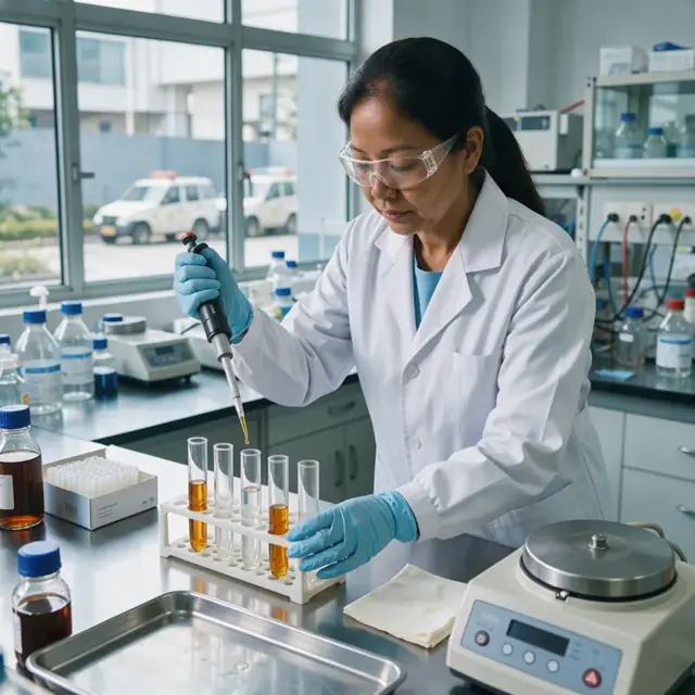 a worker pipetting liquid extract into test tubes at a laboratory bench