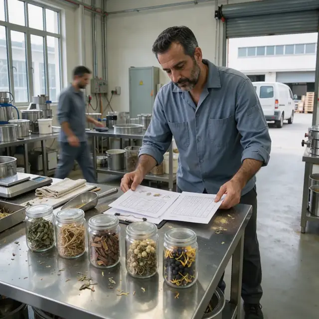 a worker reviewing specification sheets next to jars of dried botanicals on a stainless steel workbench