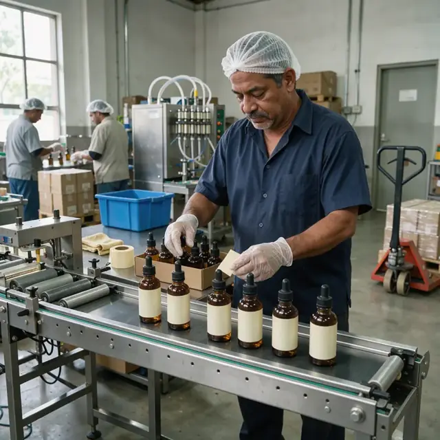a worker applying labels to bottles of herbal extract on a packaging line