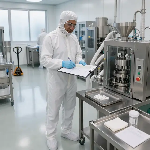 a gloved operator in cleanroom attire recording data on a batch record while standing beside a tablet compression machine