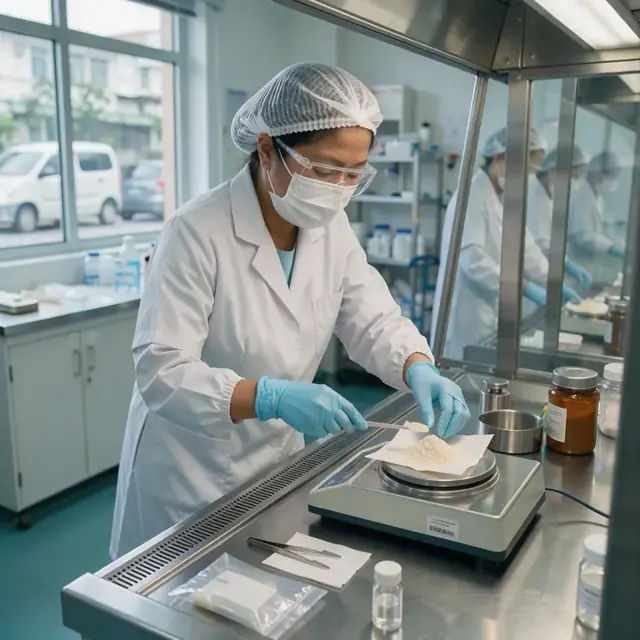 a technician weighing pharmaceutical powders on a calibrated balance scale inside a laminar flow hood