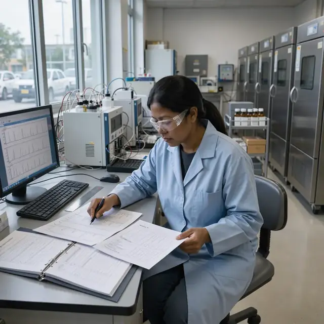 a lab technician examining HPLC chromatograms and batch documentation at a desk beside stability chambers