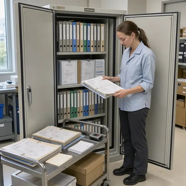 a technician organizing bound batch record folders, calibration certificates and environmental monitoring charts in a fireproof document storage cabinet
