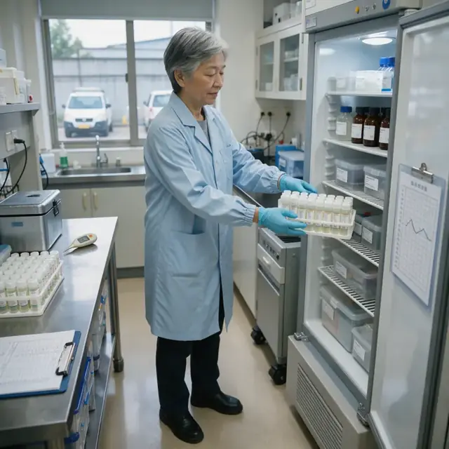a gloved technician placing labeled stability samples into a laboratory refrigerator with visible temperature monitoring chart on the door