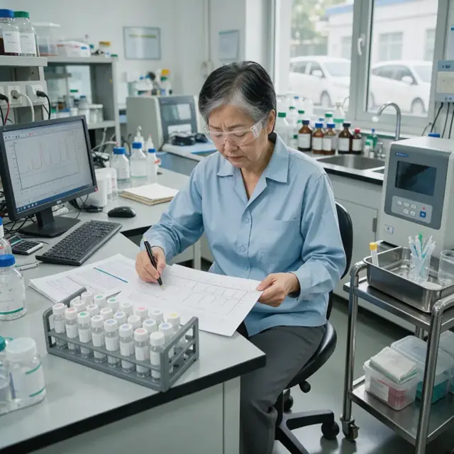 a worker reviewing printed chromatograms and test results at a desk in a quality control laboratory