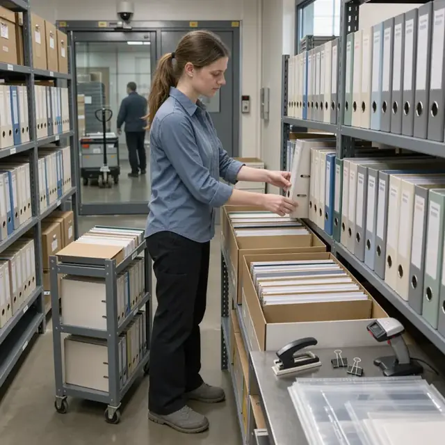 a worker organizing batch record binders on shelves in a secure document control room