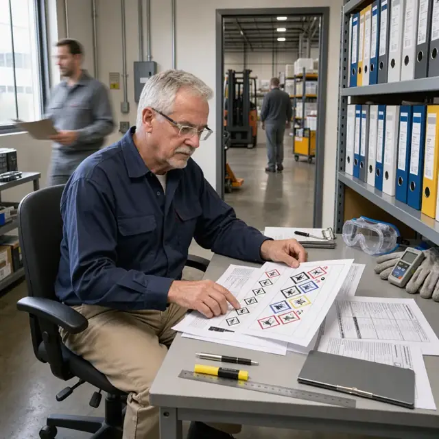 a worker at a desk reviewing printed hazard labels and documents next to shelves holding chemical reference binders