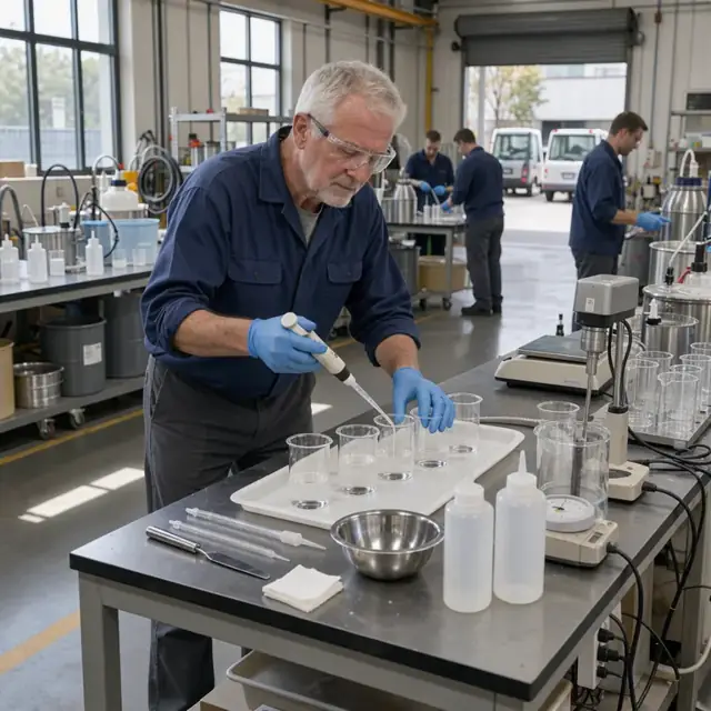 a worker in a laboratory pipetting clear liquid resins into small glass beakers on a bench with mixing equipment