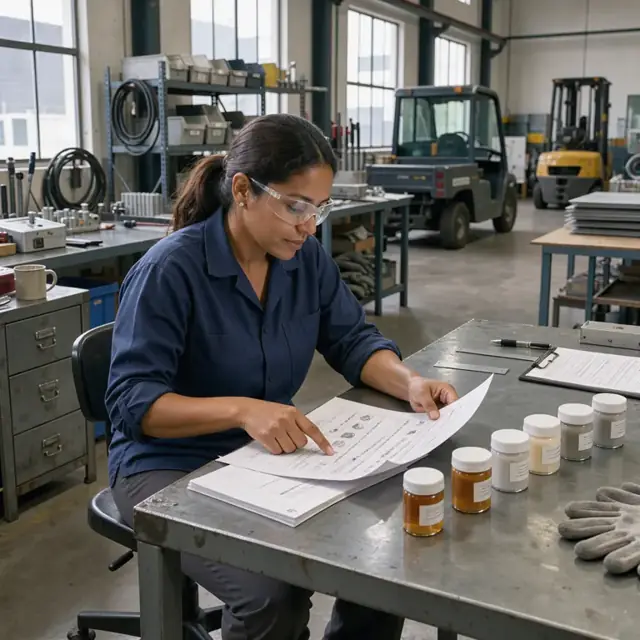 a worker at a metal desk reviewing printed specification sheets next to a row of labeled adhesive sample jars
