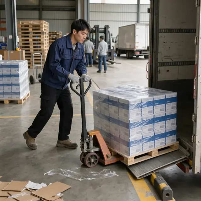 a worker loading shrink-wrapped pallets of labeled detergent cases onto a truck dock using a pallet jack