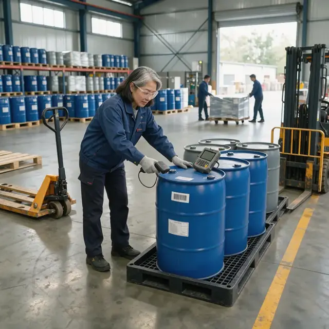 a worker scanning barcodes on pallets of surfactant drums inside a chemical storage warehouse with spill containment pallets visible