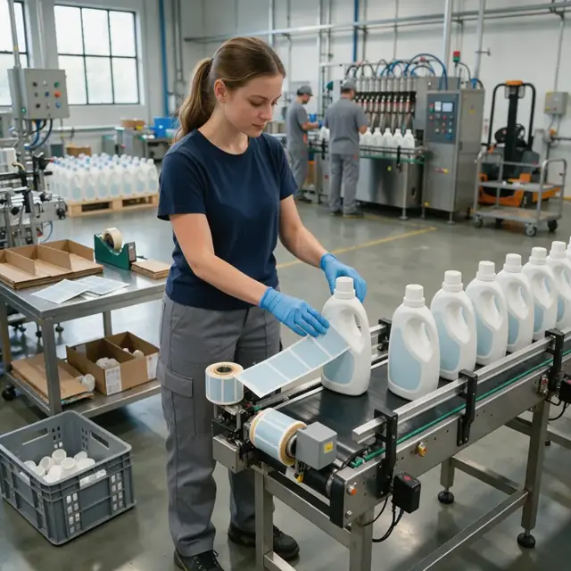 a worker applying labels to bottles moving along a conveyor line in a packaging area with filled detergent bottles in the background