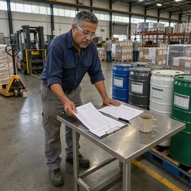 a worker at a stainless steel desk reviewing order paperwork next to a row of labeled chemical drums in a manufacturing warehouse