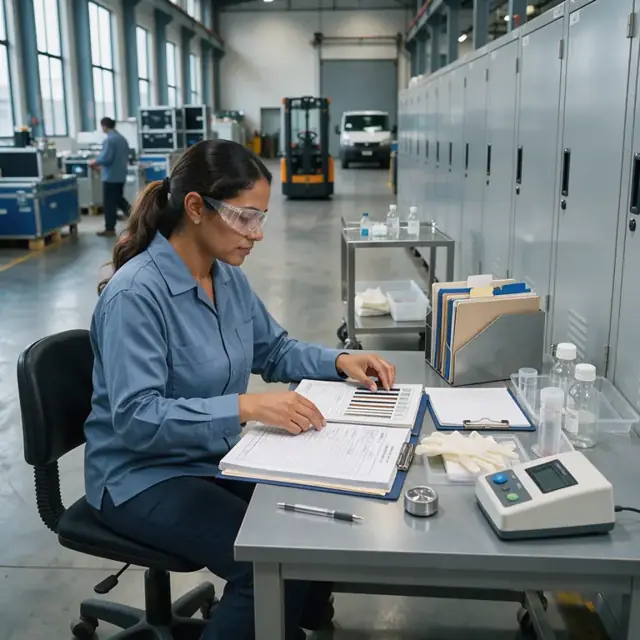 a worker organizing folders of batch records and test strips at a desk next to a row of chemical storage cabinets