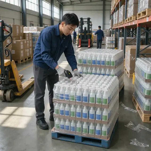 a worker scanning barcodes on stacked pallets of finished cleaner bottles inside a warehouse aisle