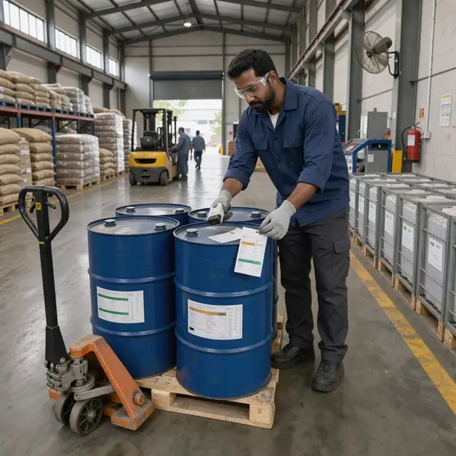 a worker in safety glasses checking drum labels and inventory tags inside a chemical raw material warehouse