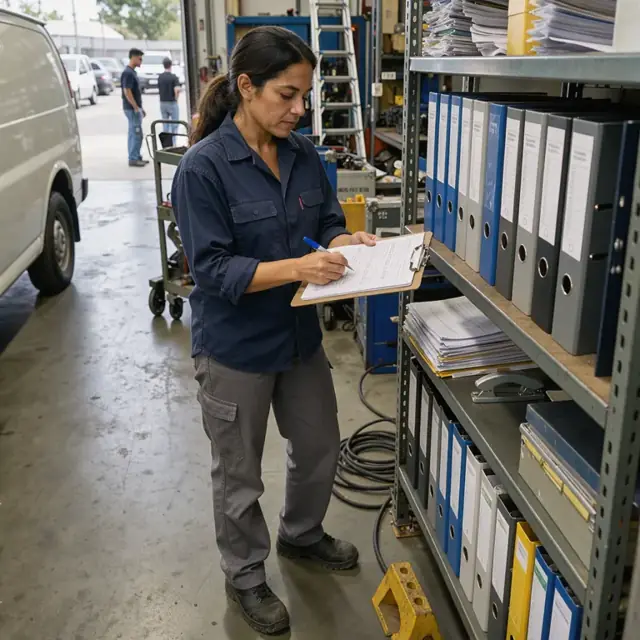 a worker updating a clipboard checklist beside shelves holding binders of safety data sheets and permit documents