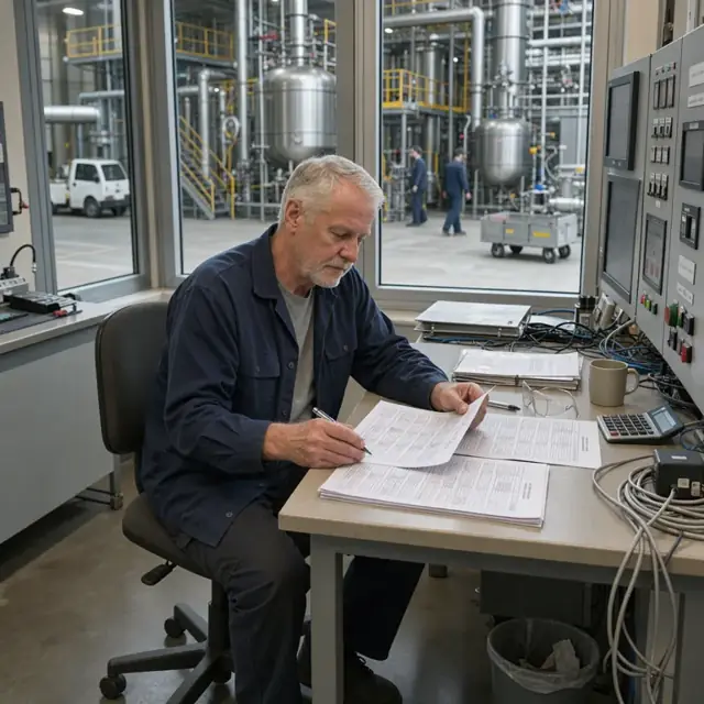 a worker reviewing printed customer order history sheets at a desk overlooking a chemical reactor control room