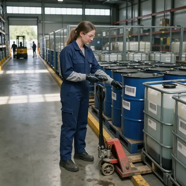 a worker scanning barcode labels on stacked chemical drums and totes inside a segregated hazardous materials warehouse