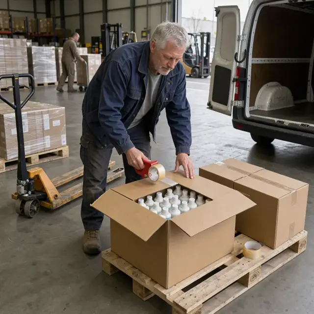 a worker sealing a corrugated shipping box filled with labeled lotion bottles on a pallet in a warehouse loading area