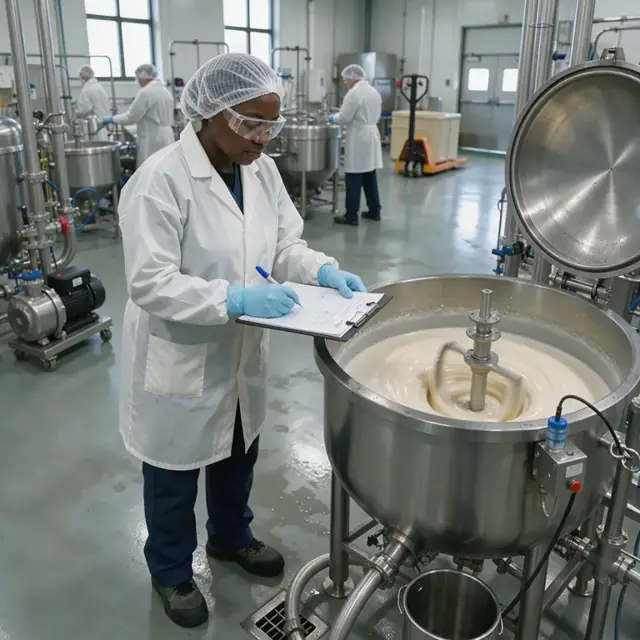 a worker in protective gear recording temperatures on a batch sheet beside an open stainless steel mixing vessel with agitator running