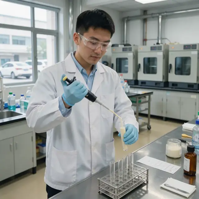 a worker pipetting a cream sample into a test tube at a laboratory bench with stability ovens visible in the background