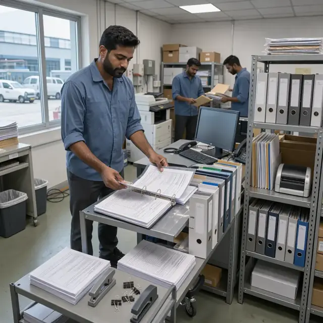 a technician organizing batch records and safety data sheets into binders on metal shelving in a documentation office