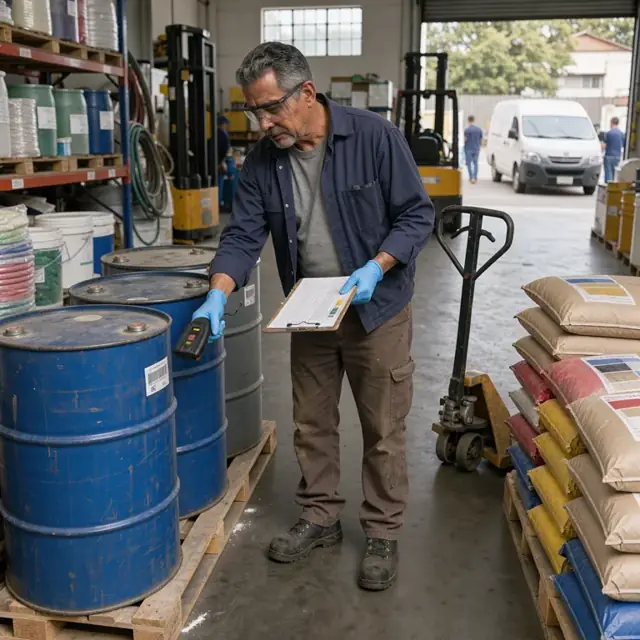 a worker scanning barrels of solvent and bags of pigment against an inventory checklist in a chemical storage area