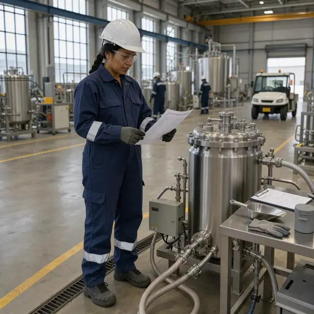 a worker in flame-resistant coveralls reviewing a printed formulation sheet next to a stainless steel mixing vessel in an explosives plant