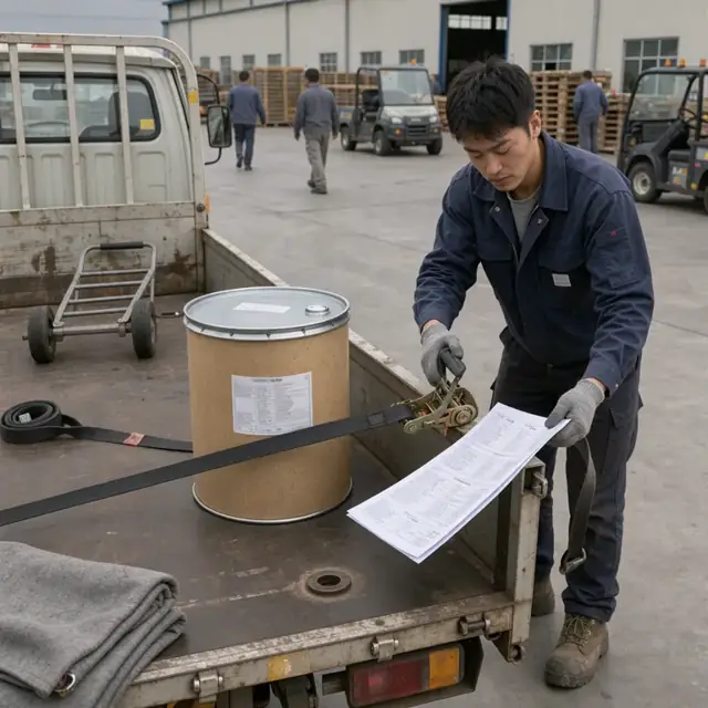 a worker securing a sealed fiber drum of cast boosters onto a truck bed while checking a multi-page hazardous materials manifest