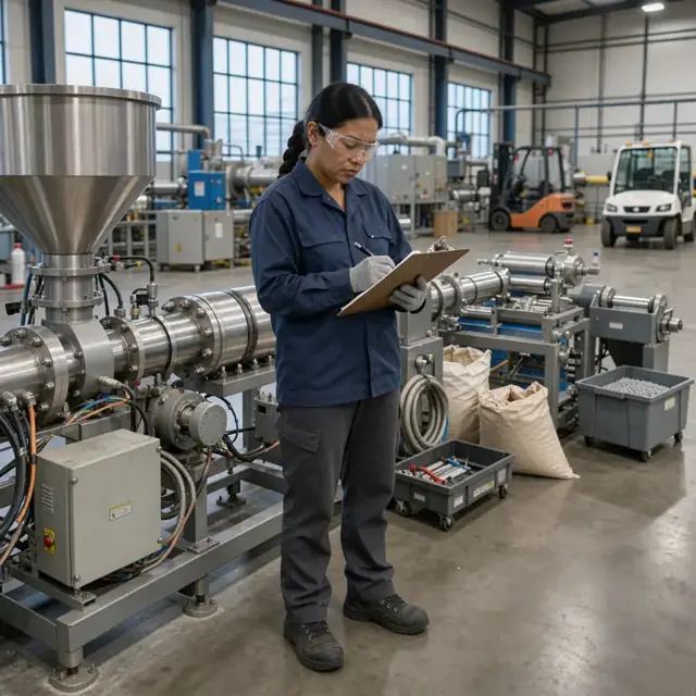 a worker in safety glasses writing process parameters on a clipboard while standing beside a large pelletizing extruder line