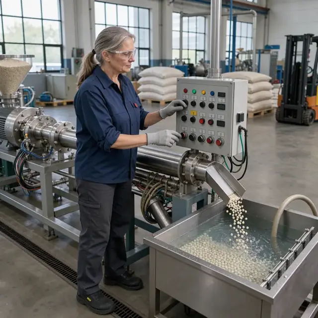 an operator standing at the control panel of a twin-screw extruder adjusting temperature zones while pellets drop into a cooling water bath