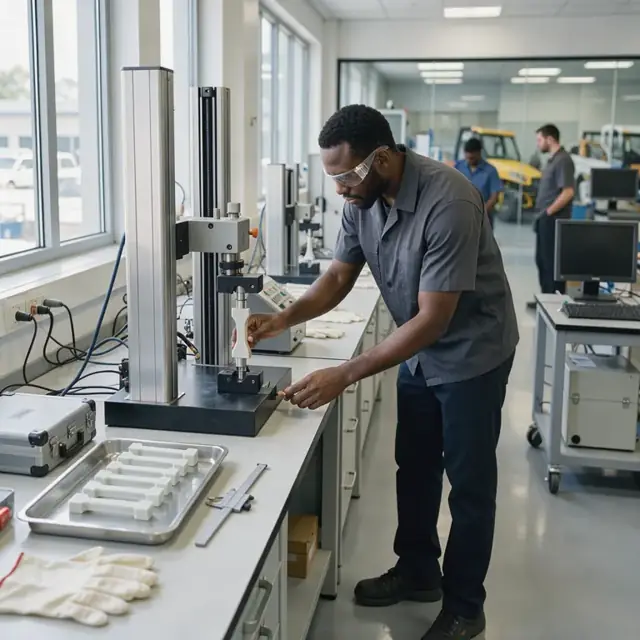 a technician placing a small molded bar into a universal testing machine to measure tensile strength in a brightly lit lab