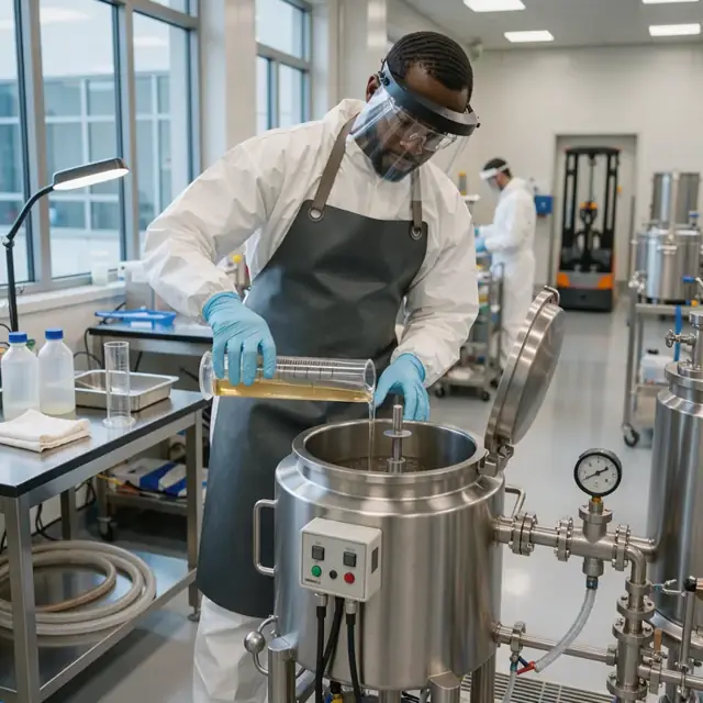 a worker in protective gear carefully pouring a measured chemical into a stainless mixing vessel under controlled lighting in a laboratory