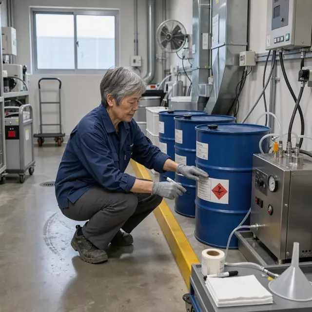 a worker labeling hazardous waste drums containing spent fixer solution next to a silver recovery unit in a ventilated waste room